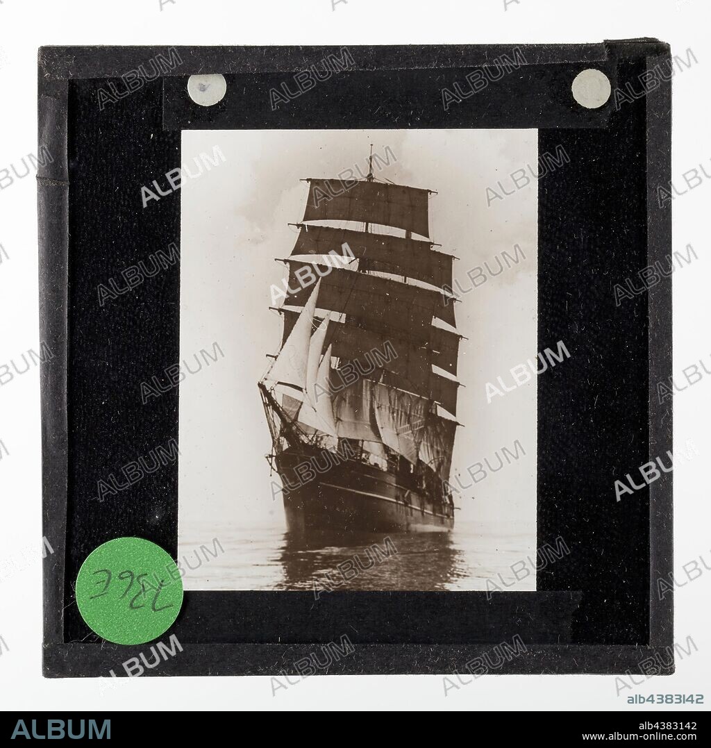 Lantern Slide - The Ship SY Discovery Under Full Sail (Barque Rig), BANZARE Voyage 1, Antarctica, 1929-1930, Lantern slide of the ship Discovery in Antarctica. One of 328 images in various formats including artworks, photographs, glass negatives and lantern slides.