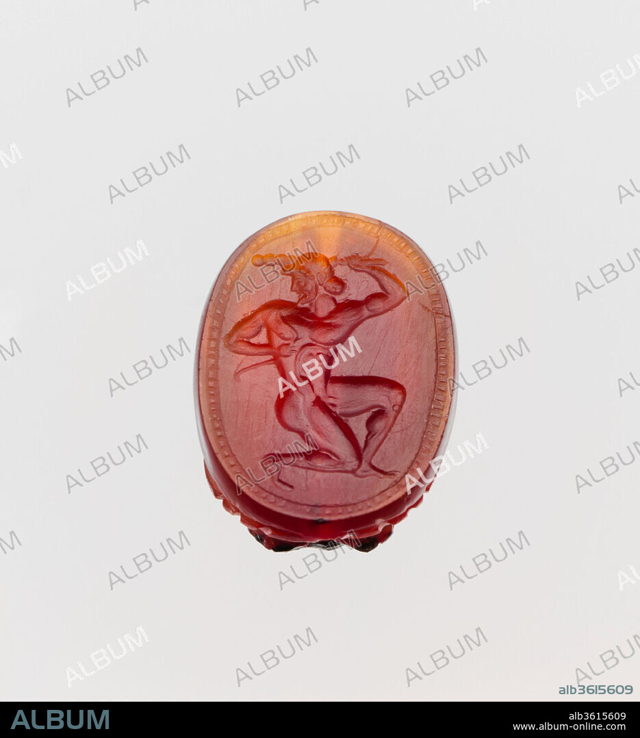 Carnelian scaraboid seal. Culture: Greek. Dimensions: L. 1.7 cm. Date: ca. 450-430 B.C..
Herakles with bow and club.