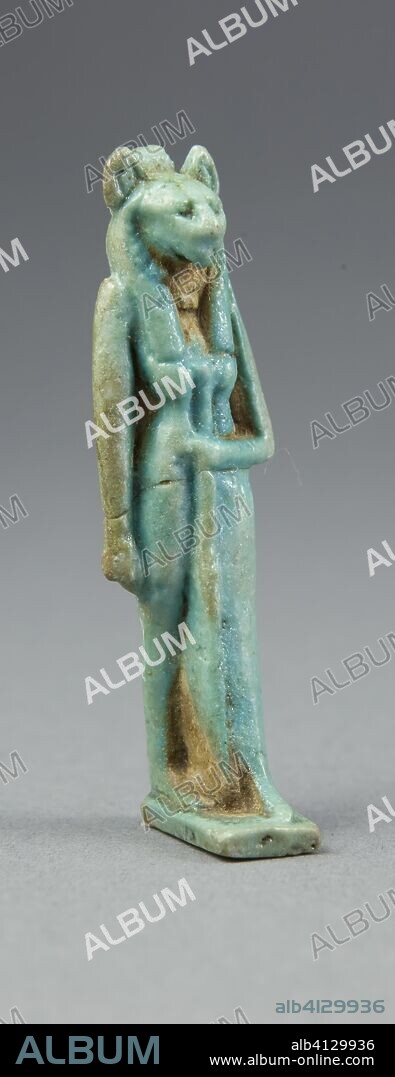 ANCIENT EGYPTIAN. Amulet of a Lion-Headed Goddess Holding a Scepter. Egyptian. Date: 1069 BC-664 BC. Dimensions: 6.4 x 1.6 x 1.9 cm (2 1/2 x 5/8 x 3/4 in.). Faience. Origin: Egypt.