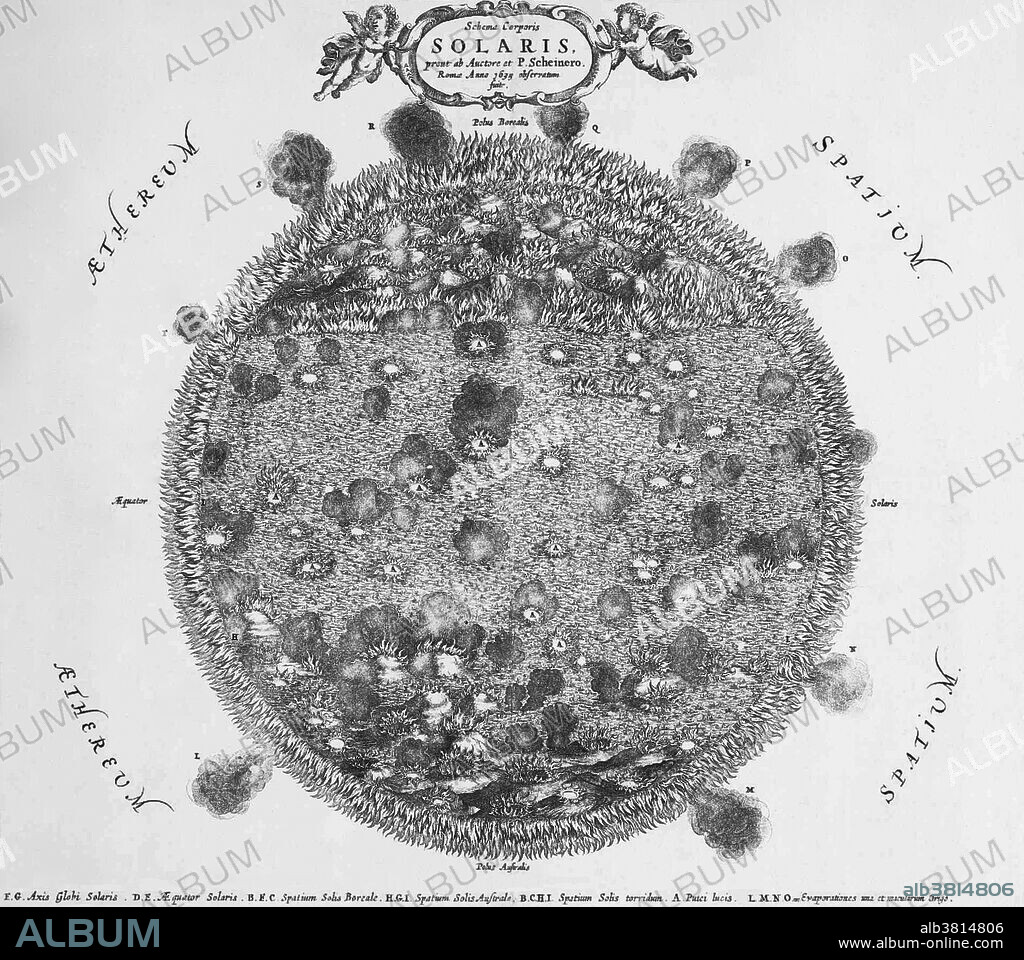 Schema Corporis Solaris, surface of the sun showing sunspots from Mundus Subterraneus published in 1664-5 by Athanasius Kircher and Christoph Scheiner.  A key along the bottom explains the letters used to label the diagram, including the solar axis, the solar equator, the northern and southern polar regions of the Sun, the central equatorial region of the Sun, sunspots (A), and solar prominences (puffs of smoke). The corners are labelled with the Latin words for ether and space. Athanasius Kircher (1601/02-1680) (master of a hundred arts) and Christoph Scheiner (1573/75-1650) were German Jesuit scholars.