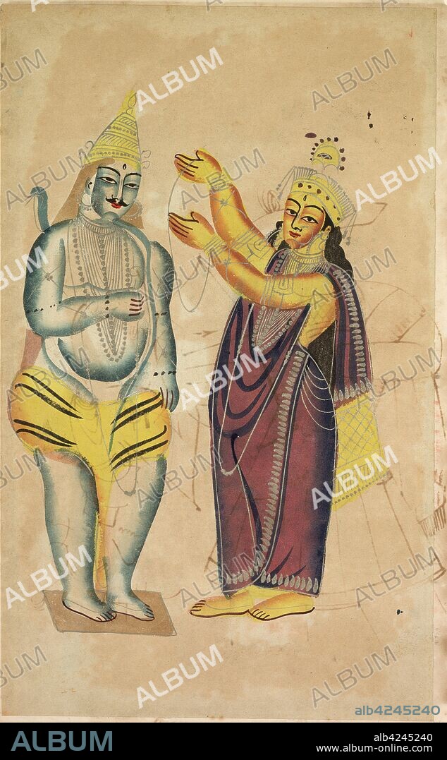 Parvati Placing a Wedding Garland on Shiva, 1800s. India, Calcutta, Kalighat painting, 19th century. Black ink, color and silver paint, and graphite underdrawing on paper; secondary support: 48.2 x 29.6 cm (19 x 11 5/8 in.); painting only: 45.6 x 28 cm (17 15/16 x 11 in.).