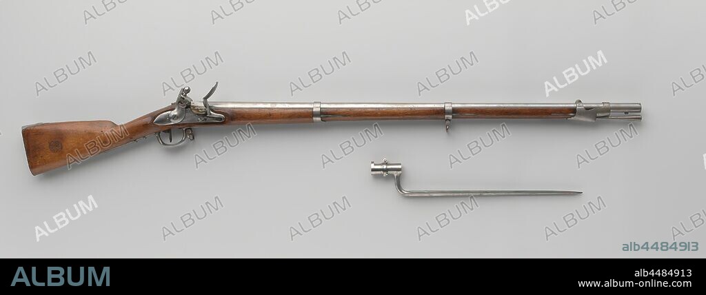 Flint gun, colonial army M.1837, Flint gun or musket of the colonial army, M.1837. Designed as the first rifle for natives and therefore shorter and lighter. On the lock plate the G 42 brands are under a crown on the outside and EM W on the inside. The barrel has no visor, M-1837 is engraved on the tail of the barrel, in addition, there are various marks stamped on it, including YES under a crown and 1842. The flask is stamped behind the barrel with a crowned monogram consisting of the letters ES in an oval and on the right hand side with an arsenal stamp consisting of a large crowned W circled by a double line, wherein the gap is broken up in different planes containing AOVT, HVG, 1842 and PJM, and the large, stamped initials NS. There are different brands on the fittings, in particular quality marks, and on almost every part a crowned P. With bjobe matching bayonet., anonymous, Netherlands, 1837, wood (plant material), iron (metal), copper (metal), engraving, l 138.4 cm h 21 cm Ã— d 7.5 cm Ã— w 4.1 kg l 100.3 cm d 17.4 mm.