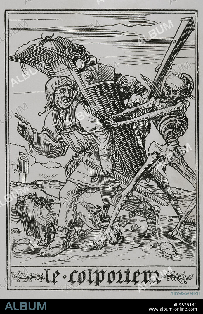 The Pedlar. The Death is depicted visiting a peddler who walks around carrying all his wares to sell. Facsimile of an engraving belonging to the series "The Dance of Death" by Hans Holbein the Younger, in "Les Simulachres et Histoires facées de la Mort", 1538. "Vie Militaire et Religieuse au Moyen Age et à l'Epoque de la Renaissance". Paris, 1877.