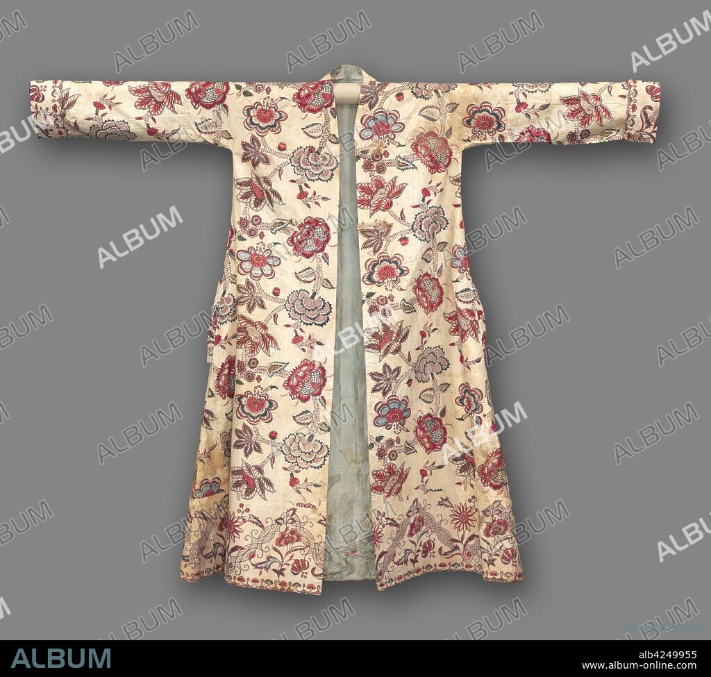 Man's morning coat, 1700-1750. India, Mughal, 18th century. Tabby weave, resist-dyed (mordant resist and batik); cotton and applied gold leaf; overall: 142 x 172 cm (55 7/8 x 67 11/16 in.).