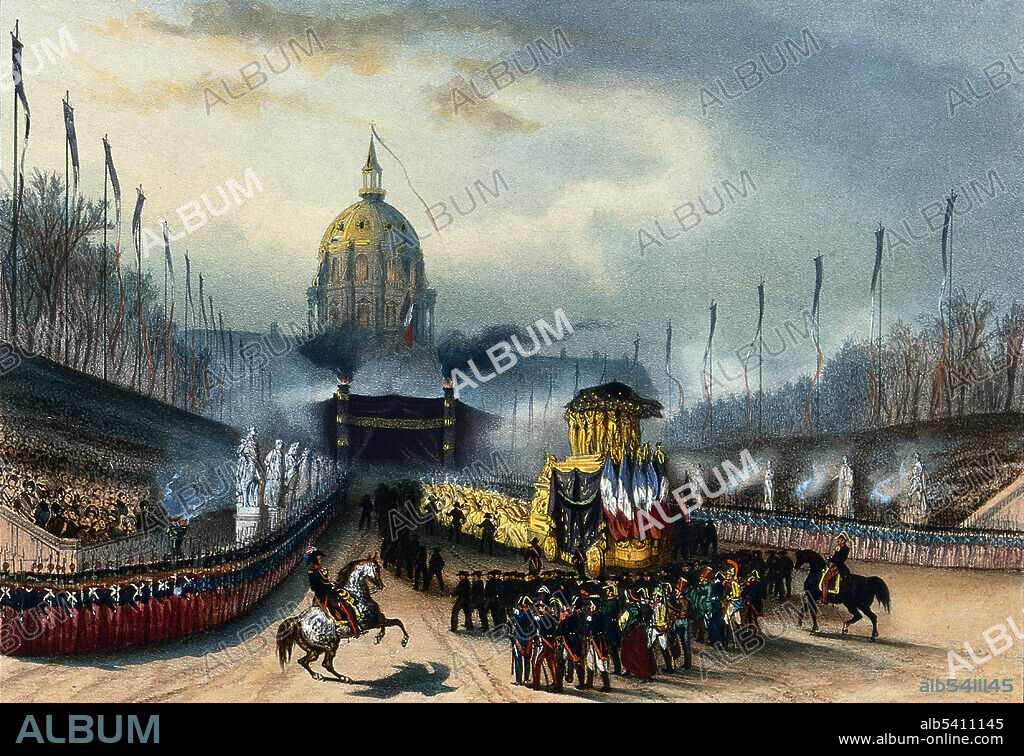 The funeral cortege for Napoleon Bonaparte arrives at the Domes des Invalides in Paris.  Napoleon Bonaparte (August 15, 1769 - May 5, 1821) was a French military and political leader during the latter stages of the French Revolution. As Napoleon I, he was Emperor of the French from 1804-15. His legal reform, the Napoleonic Code, has been a major influence on many civil law jurisdictions worldwide, but he is best remembered for his role in the wars led against France (Napoleonic Wars). He established hegemony over most of continental Europe and sought to spread the ideals of the French Revolution, while consolidating an imperial monarchy. In 1813 Napoleon was forced to abdicate and exiled to the island of Elba. He escaped a year later and returned to power, but was defeated at the Battle of Waterloo in 1815. Napoleon was confined by the British on the island of Saint Helena and died there in 1821. In 1840, Louis Philippe I obtained permission from the British to return Napoleon's remains to France. On December 15, 1840,  a state funeral was held.