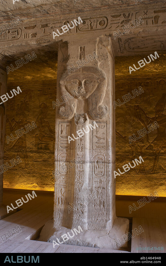 Egyptian art. Small Temple or Temple of Hathor. Inside view. Pillar carved with the bust of the goddess Hathor. 19th Dynasty. New Kingdom. Abu Simbel. Egypt.