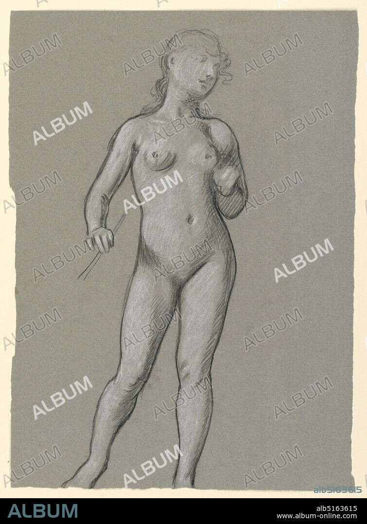 Study of Female Nude, Elihu Vedder, American, 1836 1923, Black crayon,  white chalk, on gray paper, Full-length figure of a nude girl, standing,  turned slightly to the righ - Album alb5163615