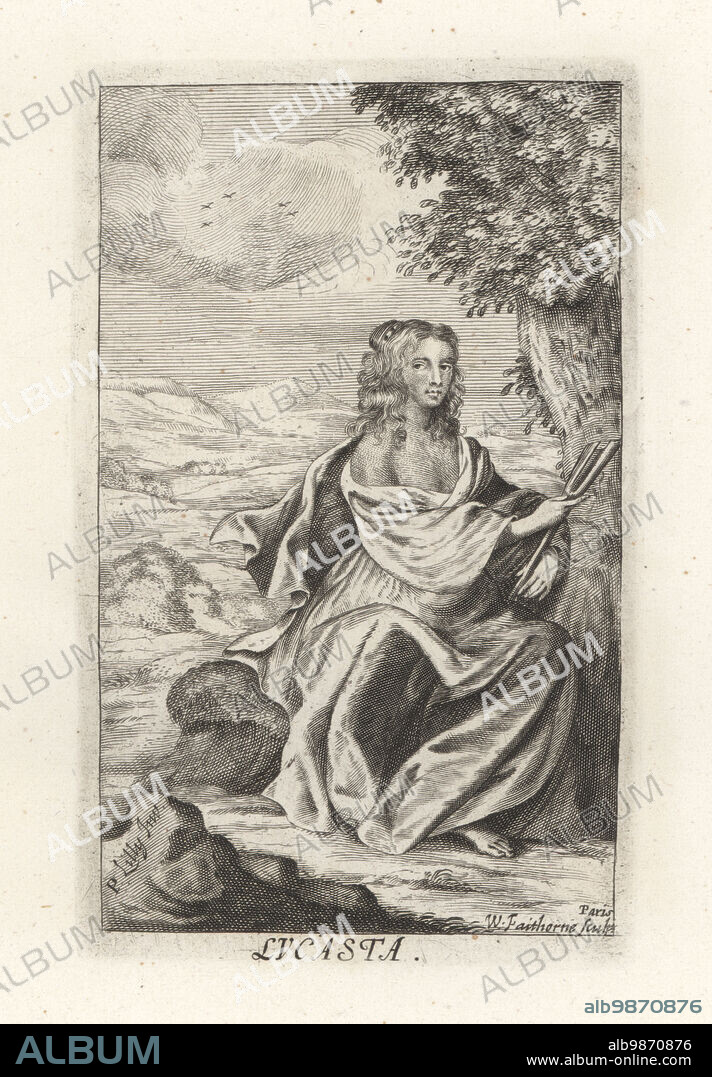 Lucy Sacheverell, mysterious beauty and muse to the English Cavalier poet Richard Lovelace and subject of his poems, Lucasta or Lux Casta, 1649. Lucy Schaverel. Engraved by William Faithorne, Paris, after a portrait by P. Lilly, Sir Peter Lily. Copperplate engraving from Samuel Woodburns Gallery of Rare Portraits Consisting of Original Plates, George Jones, 102 St Martins Lane, London, 1816.