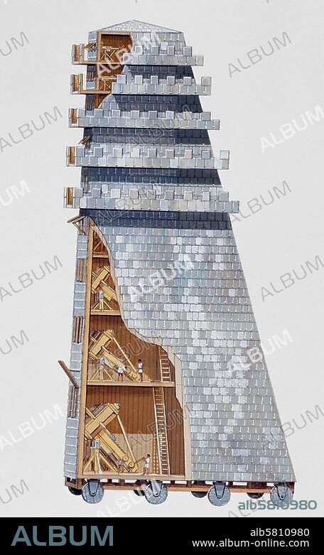 Military / Siege Towers. The Helepolis, the seige tower of Macedonian King Demetrius Poliorcetes (337-283 BC), designed for the seige of Salamis (Clad in iron, over 40m high, 22m square base, nine storeys filled with catapults): Reconstruction. Watercolour, undated, by Peter Connolly. (1935-2012).