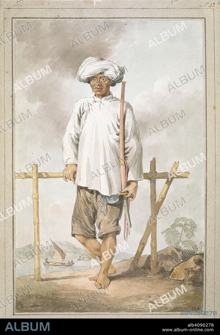 Portrait of Cochin-Chinese soldier. Portrait of a barefoot soldier standing full-length facing front, leaning on a wooden fence and holding a sheathed sword over his shoulder, dressed in knee-length wide trousers, long-sleeved chemise and turban, with sailing ships on river in the background. Signed with initials at bottom right and pasted on mount with washlines.  . [A collection of eighty views, maps, portraits and drawings illustrative of the Embassy sent to China under George, Earl of Macartney, in 1793; drawn chiefly by William Alexander, some by Sir John Barrow, Bart., some by Sir Henry Woodbine Parish, and one by William Gomm. Many of them are engraved in Sir George Staunton's Narrative of the Embassy, published in 1797.]. 1793. 1 drawing : watercolour, ink and graphite ; sheet 38.7 x 23.5 cm, on support 41.8 x 28.6 cm. Source: Maps 8 TAB.c.8.42.