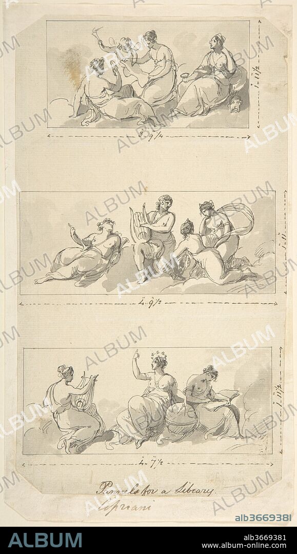 Design for Three Panels for a Library. Artist: Giovanni Battista Cipriani (Italian, Florence 1727-1785 Hammersmith (active London)). Dimensions: Sheet: 10 1/8 x 5 11/16 in. (25.7 x 14.4 cm). Date: 1745-85.