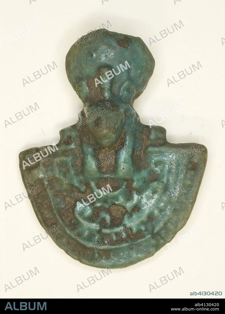 ANCIENT EGYPTIAN. Pectoral Amulet of the Goddess Bastet. Egyptian. Date: 1070 BC-656 BC. Dimensions: 3.5 × 2.9 × 1.3 cm (1 3/8 × 1 1/8 × 1/2 in.). Faience. Origin: Egypt.