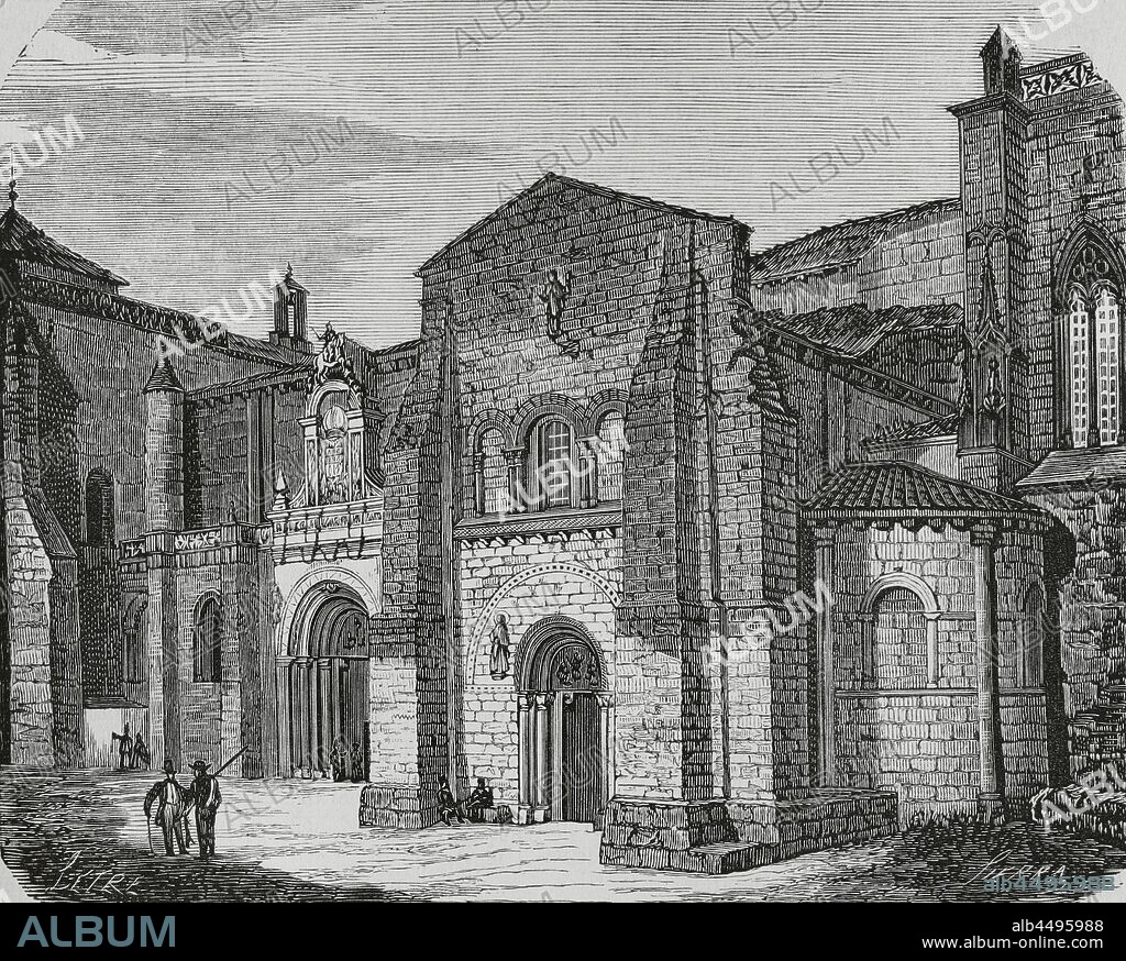 Spain, Leon. The Basilica of San Isidoro. Romanesque church built between the eleventh and twelfth centuries. Illustration by Letre. Engraving by Sierra, 19th century. Cronica General de Espa–a, Historia Ilustrada y Descriptiva de sus Provincias. Asturias and Leon, 1867.