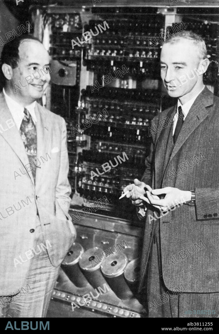 Von Neumann and Oppenheimer with the world's first mainframe computer built in the United States, 1952. Julius Robert Oppenheimer (April 22, 1904 - February 18, 1967) was an American theoretical physicist and professor of physics at the University of California, Berkeley. Along with Enrico Fermi, he is often called the "father of the atomic bomb" for his role in the Manhattan Project, the World War II project that developed the first nuclear weapons. John von Neumann (December 28, 1903 - February 8, 1957) was a Hungarian-American mathematician and polymath who made major contributions to a vast number of fields, including mathematics (set theory, functional analysis, ergodic theory, geometry, numerical analysis, and many other mathematical fields), physics (quantum mechanics, hydrodynamics, and fluid dynamics), economics (game theory), computer science (linear programming), and statistics. He is generally regarded as one of the greatest mathematicians in modern history.