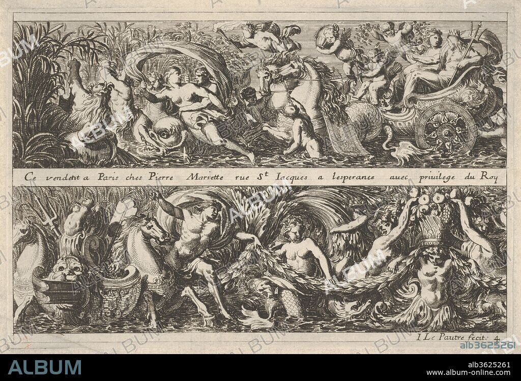 Two Designs for Frieze Decorations with Sea Creatures, of which one with Neptune and Amphitrite, from: Frises, feuillages ou tritons marins antiques et modernes. Artist: Jean Le Pautre (French, Paris 1618-1682 Paris). Dimensions: sheet: 6 7/16 x 9 1/4 in. (16.3 x 23.5 cm)
plate: 5 13/16 x 8 11/16 in. (14.8 x 22 cm). Publisher: Pierre Mariette le fils (French, Paris 1634-1716 Paris). Date: ca. 1640-82.