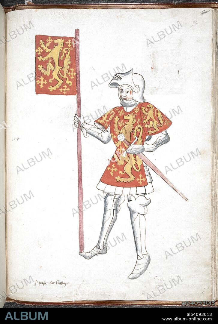 ROGER LEGH. Knight, in armour and tabard, holding a sword and a standard with banner and arms. Legh's Men of Arms (manuscript also known as Sir Thomas Holme's Book of Arms). Part 3 ff. 41-112. England, S. E. (probably London). Last quarter of the 15th century or 1st quarter of the 16th century. Numerous coloured drawings of knights in armour and tabard. Source: Harley 4205 f.90. Language: French (names of the knights). Gothic cursive.