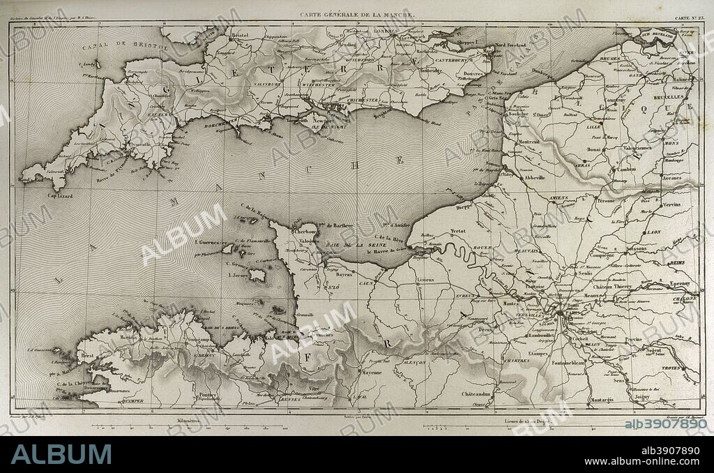 Napoleonic map. English Channel. Atlas de l'Histoire du Consulat et de l'Empire. History of the Consulate and the Empire of France under Napoleon by Marie Joseph Louis Adolphe Thiers (1797-1877). Drawings by Dufour, engravings by Dyonnet. Edited in Paris, 1864.