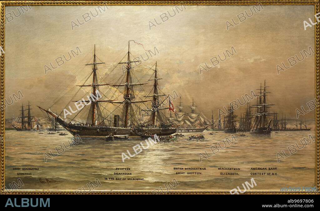 Oil painting of the CSS Shenandoah by Christian Poulsen, circa 1865. The Confederate States Cruiser Shenandoah, commerce raider, was the last armed ship to fly the Confederate flag. The ship was commanded by Captain James I. Waddell, 1824-1886, CSN. On August 2, 1865, Captain Waddell learned that the war was ended. The Shenandoah made her way to Liverpool, England, where she surrendered to British authorities in November, 1865. She was transferred to the United States and later sold to the Sultan of Zanzibar. The painting depicts the Shenandoah in the Bay of Melbourne, Australia, shortly after her arrival on January 25, 1865. Other ships in the harbor include (from left to right) Danish merchantman Dannevirke, privateer Shenandoah, British merchantman Great Britton, merchantman Elizabeth, and American bark Contest of New York.