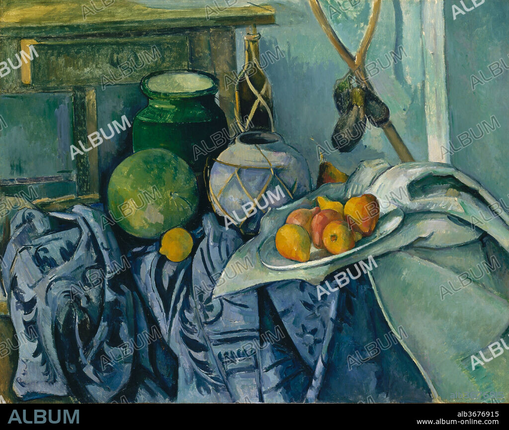 PAUL CEZANNE. Still Life with a Ginger Jar and Eggplants. Artist: Paul Cézanne (French, Aix-en-Provence 1839-1906 Aix-en-Provence). Dimensions: 28 1/2 x 36 in. (72.4 x 91.4 cm). Date: 1893-94.
For this commanding still life, with its richly orchestrated play of overlapping shapes, patterns, colors, and textures, Cézanne relied on a stock of familiar objects. The raffia-corded ginger jar, for example, is featured in more than a dozen compositions, including three of comparable verve dating to the early 1890s.