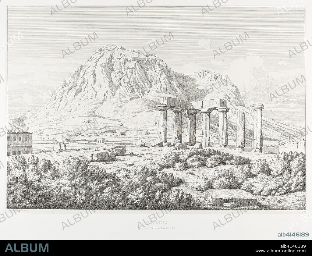 THéODORE CARUELLE D' ALIGNY. Corinth: Temple of Neptune and the Acrocorinth. Théodore Caruelle d'Aligny; French, 1798-1871. Date: 1846. Dimensions: 325 × 478 mm (image); 440 × 595 mm (plate); 335 × 483 mm (primary support); 500 × 640 mm (secondary support). Etching on ivory China paper, laid down on white wove paper. Origin: France.