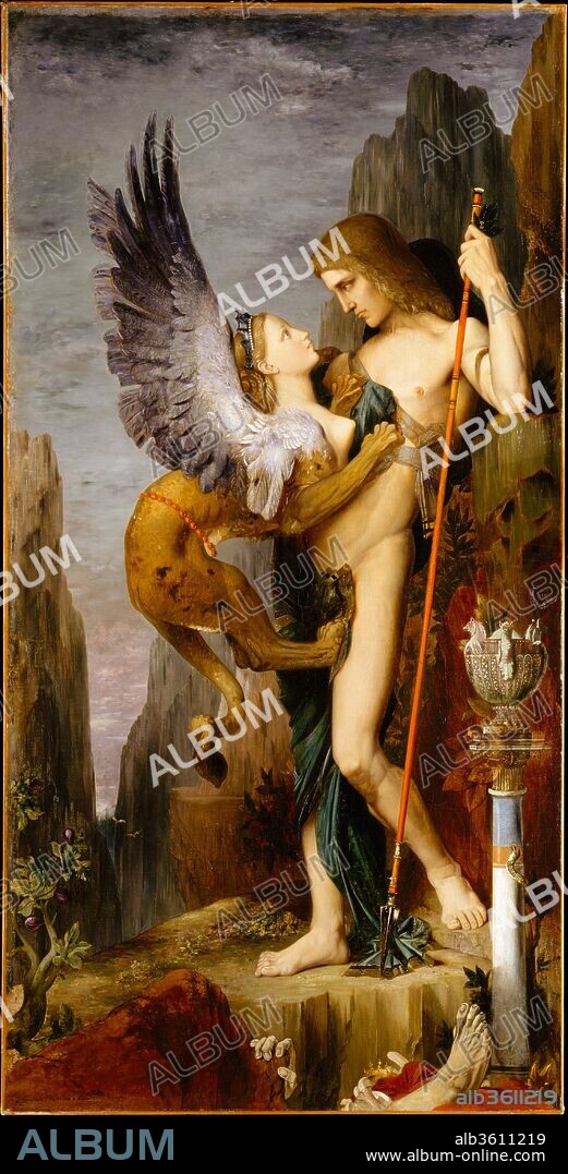 Oedipus and the Sphinx. Artist: Gustave Moreau (French, Paris 1826-1898 Paris). Dimensions: 81 1/4 x 41 1/4 in. (206.4 x 104.8 cm). Date: 1864.

The legendary Greek prince Oedipus confronts the malevolent Sphinx, who torments travelers with a riddle: What creature walks on four legs in the morning, two legs at noon, and three legs in the evening? Remains of victims who answered incorrectly litter the foreground. (The solution is the human, who crawls as a baby, strides upright in maturity, and uses a cane in old age.) Moreau made his mark with this painting at the Salon of 1864. Despite the growing prominence of depictions of everyday life, he portrayed stories from the Bible, mythology, and his imagination. His otherworldly imagery inspired many younger artists and writers, including Odilon Redon and Oscar Wilde.