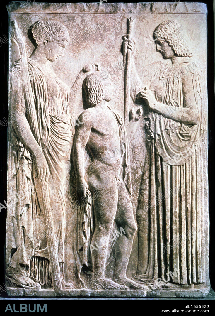 Demeter, Ancient Greek goddess of corn and harvest equivalent to Ceres in the Roman pantheon, presenting corn to Triptolemus. In Greek mythology Triptolemus, hero and demi-god was taught the arts of agriculture by the goddess. Carved relief .