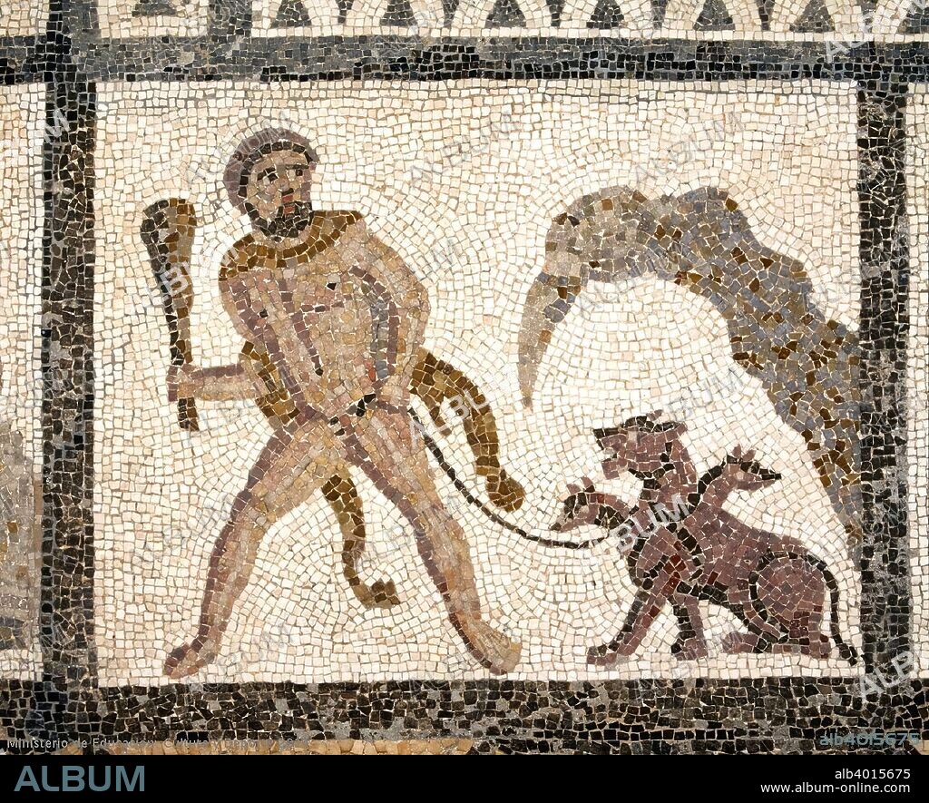 Detalle de Cancerbero.Mosaico "Los trabajos de Hercules". Arte romano, siglo III d.C.. Procedencia: Liria (Valencia). MUSEO ARQUEOLOGICO NACIONAL.