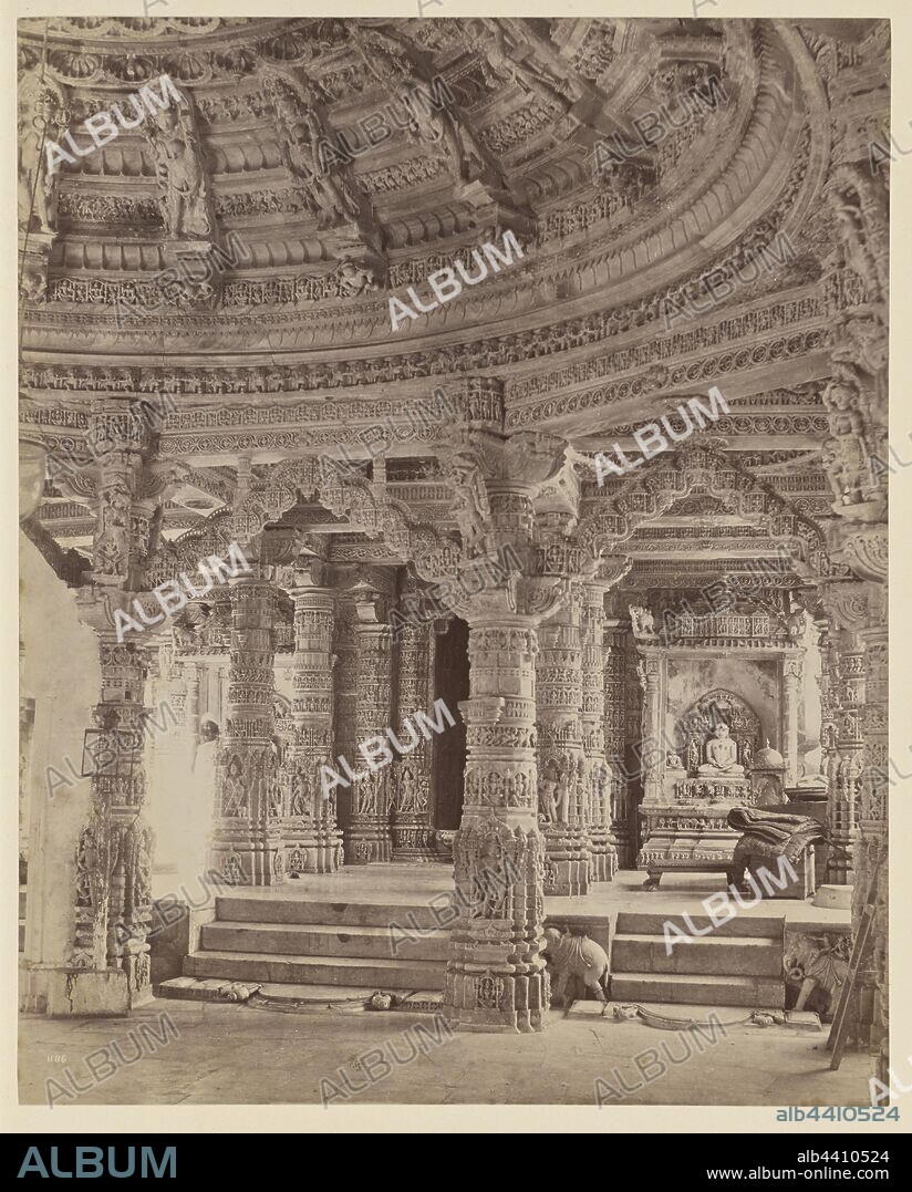 Interior of Delwara Temple Showing Pillars and Roof Dome, Mount Abu, Lala Deen Dayal & Sons (Indian, 1844 - 1905), Lala Deen Dayal (Indian, 1844 - 1905), Mount Abu, Rajasthan, India, about 1886, Albumen silver print, 24.6 x 19.5 cm (9 11/16 x 7 11/16 in.).