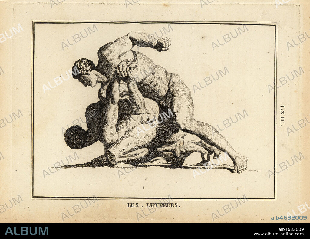 Statue of two naked male wrestlers. Copperplate engraving by Francois-Anne  David from Museum de Florence, ou Collection des Pierres Gravees, Statues,  Medailles, Chez F.A. - Album alb4632009