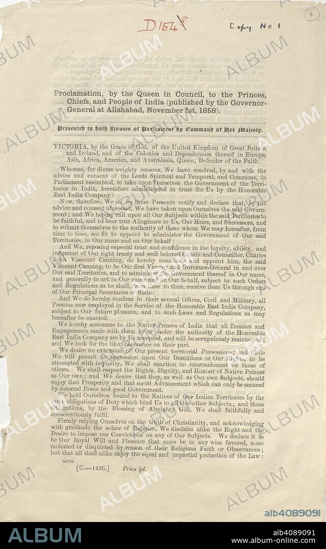 Proclamation by the Queen to the People of India. In the aftermath of the Indian Rebellion (1857â€“58), the British Parliament passed the Government of India Act, transferring the rights and administrative authority of the East India Company to the British Crown. These governmental changes were announced to the â€˜Princes, Chiefs and People of Indiaâ€™ in the form of this proclamation issued by Queen Victoria (r. 1837â€“1901). Seeking to maintain peace after the Rebellion, the whole tenor of the Proclamation was one of generosity and benevolence. It granted â€˜the Natives of Our Indian Territoriesâ€™ the same rights as â€˜all Our other Subjectsâ€™ and, among other things, promised to support religious toleration, to recognise the â€˜Customs of Indiaâ€™, to end racial discrimination and to ensure that â€˜all shall alike enjoy the equal impartial protection of the Lawâ€™. By recognising Indians as British subjects, and extending to them rights consistent with that status, the Proclamation was widely heralded by Indian subjects, including Mohandas Gandhi (d. 1948), as their Magna Carta. Proclamation, by the Queen in Council, to the Princes, Chiefs, and People of India. Published by the Governor-General at Allahabad, November 1st, 1858 (London: Her Majestyâ€™s Stationery Office, 1858). Source: IOR/L/PS/18/D154 copy no.1.