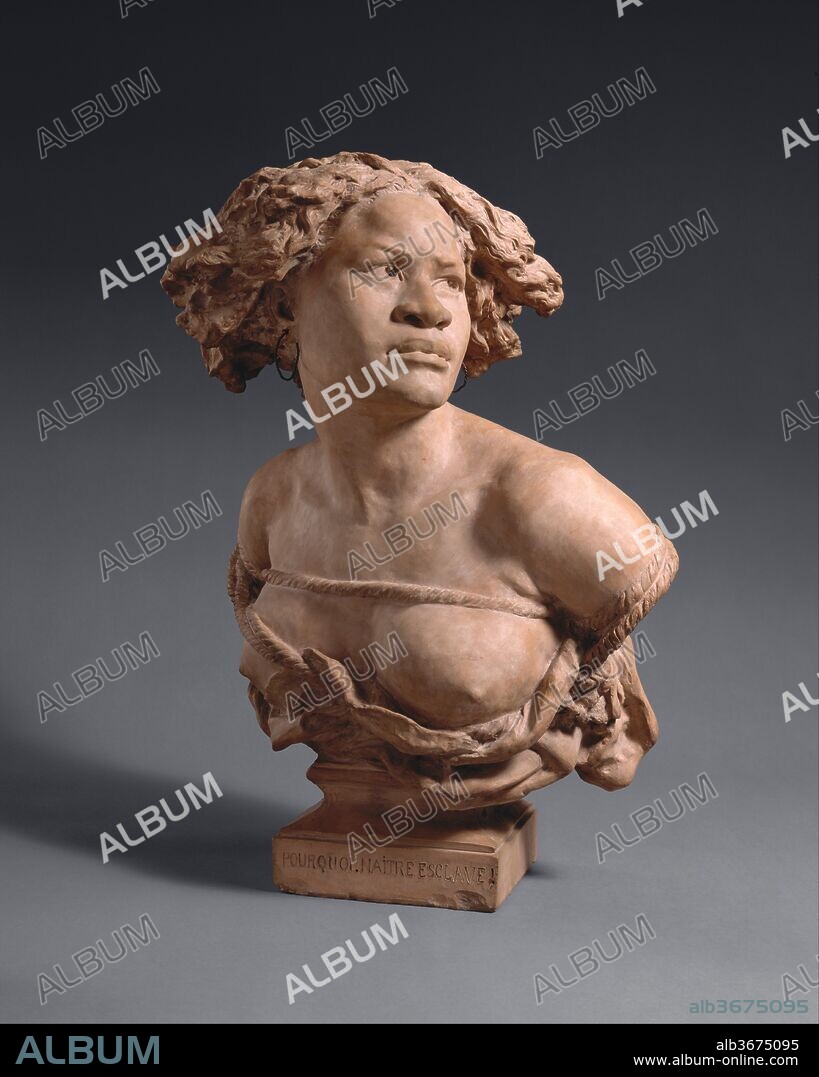 La Négresse. Artist: Workshop of Jean-Baptiste Carpeaux (French, Valenciennes 1827-1875 Courbevoie). Culture: French, Auteuil. Dimensions: Height: 24 in. (61 cm). Date: 1872.
The bust follows Carpeaux's model of a young African woman, one of the figures representing the four parts of the world that support the globe of the Fountain of the Observatory in Paris, commissioned in 1867 and inaugurated in 1874. For the commerical edition of the bust, Carpeaux added the poignant legend: Pourquoi! naître esclave! (Why born a slave?).