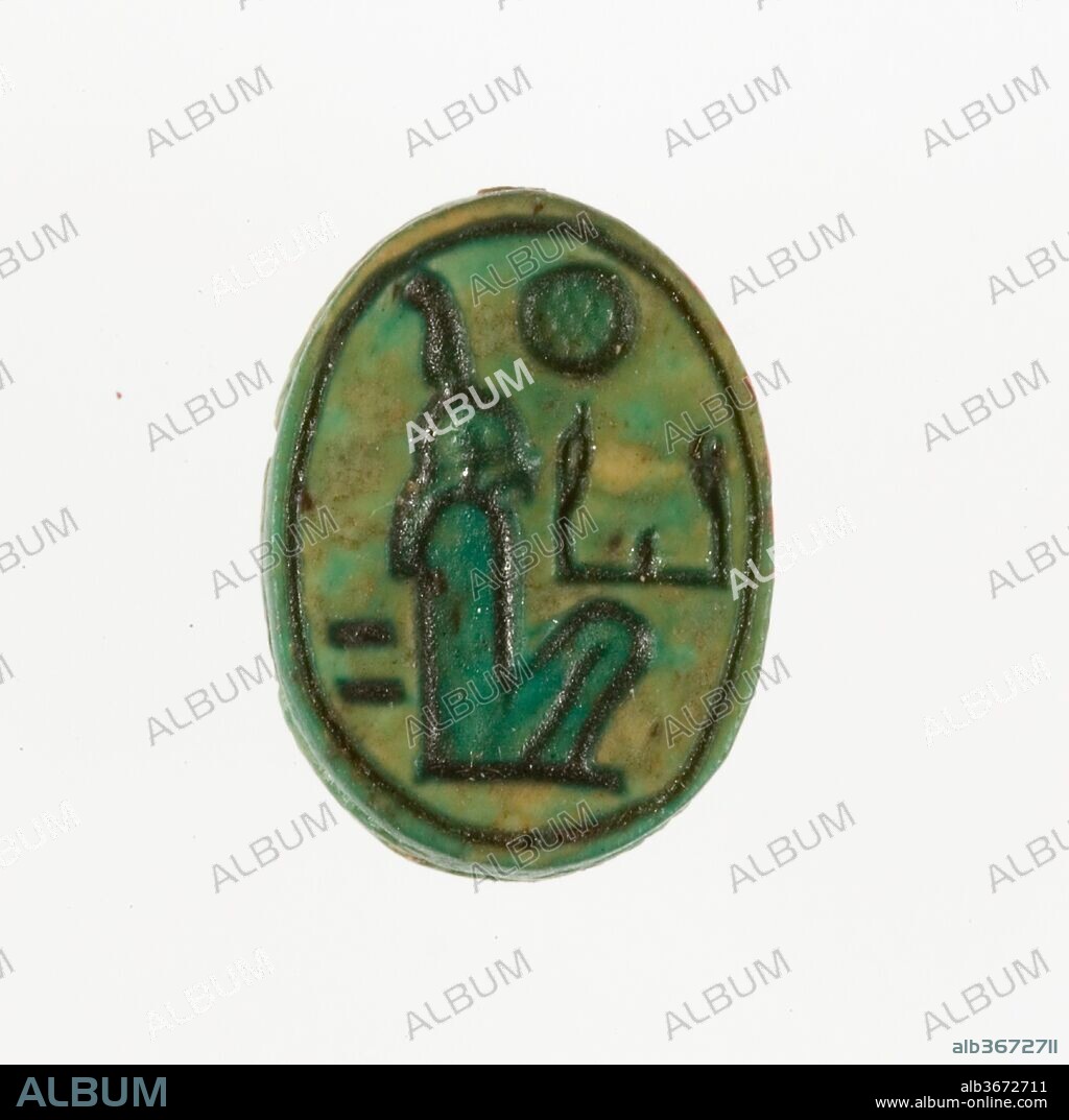 Scarab Inscribed with the Name Maatkare (Hatshepsut). Dimensions: L. 1.5 cm (9/16 in.); w. 1.1 cm (7/16 in.). Dynasty: Dynasty 18, early. Reign: Joint reign of Hatshepsut and Thutmose III. Date: ca. 1479-1458 B.C..
During the 1926-1927 excavation season, the Museum's Egyptian Expedition uncovered three foundation deposits along the eastern enclosure wall of Hatshepsut's funerary temple at Deir el-Bahri in Western Thebes.  Among the contents were 299 scarabs and stamp-seals. Sixty-five of these are now in the Egyptian Museum, Cairo, and the rest were acquired by the Museum in the division of finds.
Among the inscriptions on the bases of these scarabs and seals are examples of every title Hatshepsut held, from the time she was "king's daughter" during the reign of her father, Thutmose I; through the time she was queen of her half-brother, Thutmose II; and during her regency and co-reign with her nephew/step-son, Thutmose III.
After the death of her husband, Hatshepsut became regent for her nephew who was a small child. The length of this regency period is uncertain, with estimates ranging from two to seven years. At some time, probably toward the end of the regency, Hatshepsut adopted the name Maatkare which was usually enclosed in a cartouche and became her throne name as king. The name may be roughly translated as Maat (the goddess of truth) is the life force of Re (the sun god). In the inscription on the base of this scarab, the crouching figure of the goddess is identified by the ostrich plume, the word ka is written with the upstretched arms, and Re is represented by the sun disk.