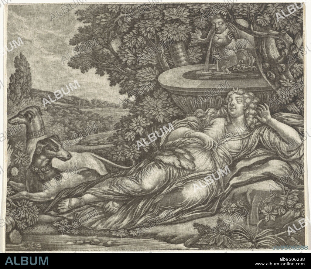 In a landscape, Diana lies asleep by a fountain. At her feet are two  hunting dogs., Sleeping Diana, print maker: Jan van Somer, (possibly),  print maker: Jan van der Brugge - Album