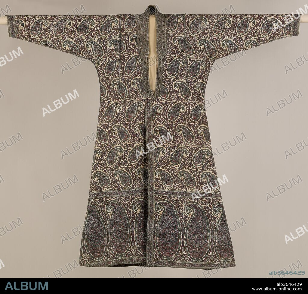 Man's Coat (Choga). Dimensions: L. of textile: 52 1/2 in. (133.4 cm)
W. with outstretched arms: 63 3/8 in. (161 cm)
W. of bottom: 29 3/8 in. (74.6 cm)
L. of arm: 24 1/4 in. (61.6 cm). Date: ca. 1803-56.
A meandering vine encloses multicolor ambi, or mangoshaped, motifs on this choga, a loose-fitting, open-fronted robe worn as an outer garment in Central Asia, Russia, North Africa, and the Indian subcontinent. This coat was likely made in Kashmir, as the double-interlocking twill tapestry weave (kanni) used to make it was a specialty of the region. Later, the coat made its way into the wardrobe of Saiyid Sa'id, sultan of Zanzibar and imam of Muscat, Oman (1803-56).