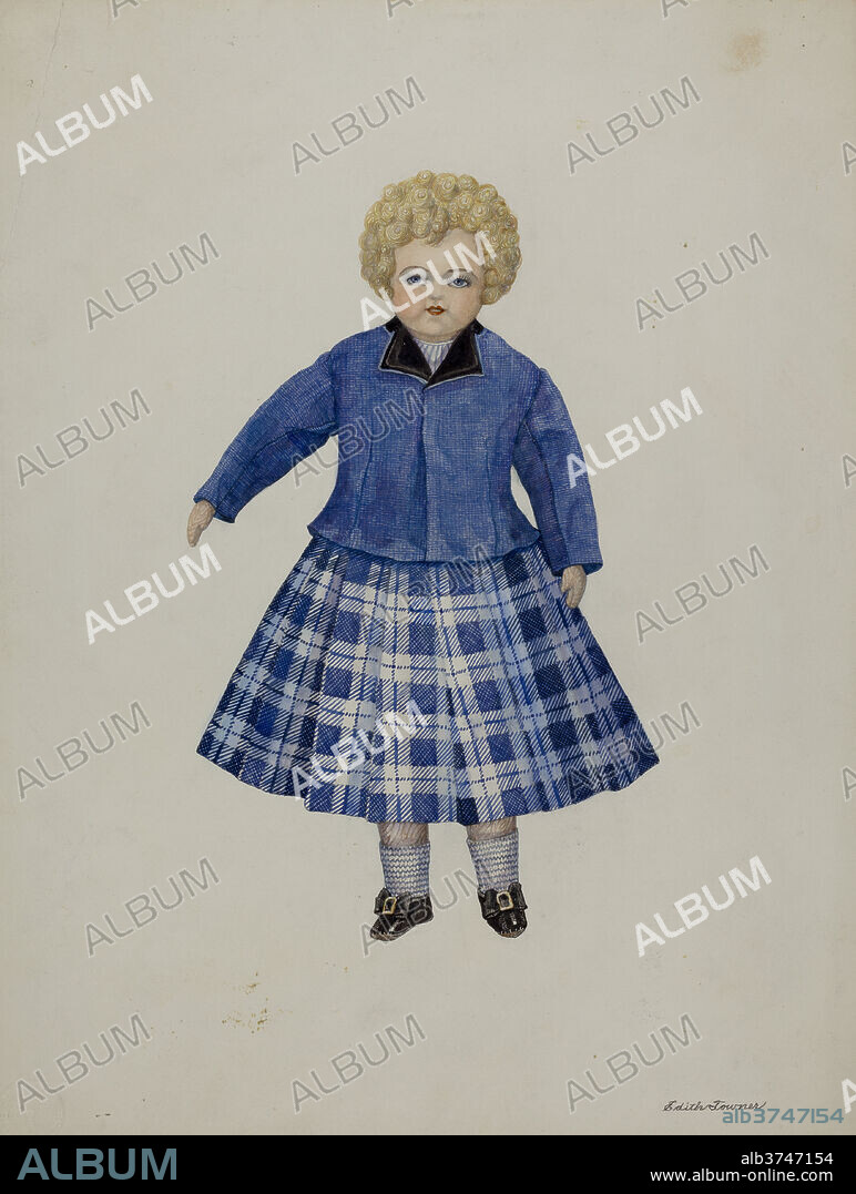 JOSEPHINE C. ROMANO AND EDITH TOWNER. Doll - "Leslie Simpson". Dated: c. 1937. Dimensions: overall: 35.7 x 26.7 cm (14 1/16 x 10 1/2 in.)  Original IAD Object: 12" high. Medium: watercolor, graphite, and pen and ink on paper.