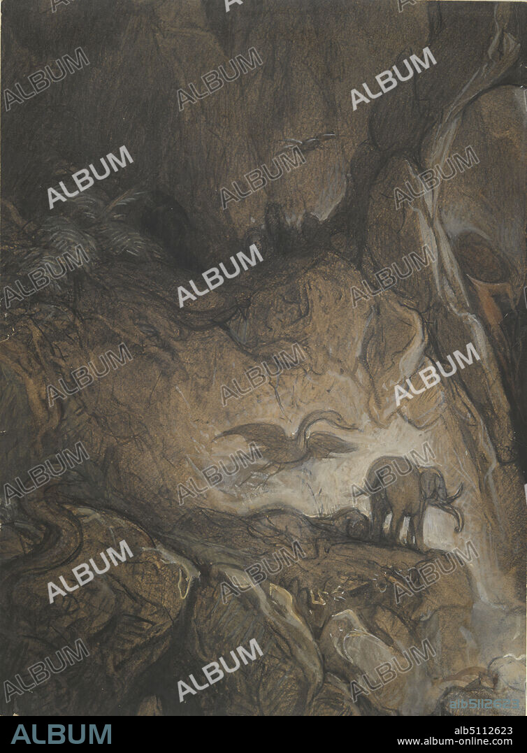 Artist: Gustave Doré, French, 18321883, Fantastic Gorge with Animals and  Figures, 19th century, Black chalk with watercolor and body color on light  brown paper, sheet: 43. - Album alb5112623