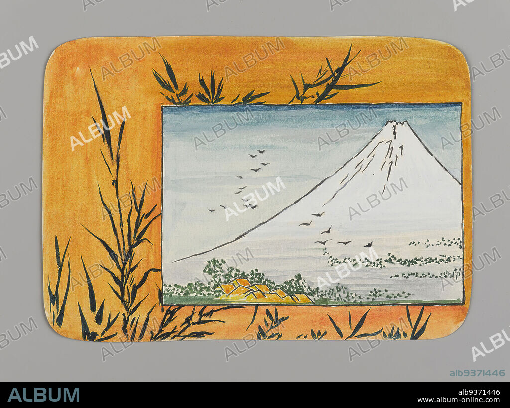 Small Card Decorated with Mount Fuji, recto and Paint Bowl and Brush, verso,  Christopher Grant La Farge, American, 1862-1938, Watercolor and black ink  on very thin card st - Album alb9371446