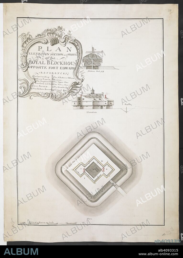 Plan elevation section and profile of the Royal Blockhouse opposite Fort Edward' by Thomas Sowers; 1759.    . R.U.S.I. MAPS. Vol. LXXVI (1-13). 57711 (1-4). Places in states North-East of New York. 18th century. 1759. 1:240. 'Scale of 20 feet to an inch'. Scale bar of 120 feet (= 6 inches). 555 x 395mm. Source: Add. 57711. Amherst no. A 78. R.U.S.I. no. A 28.64.