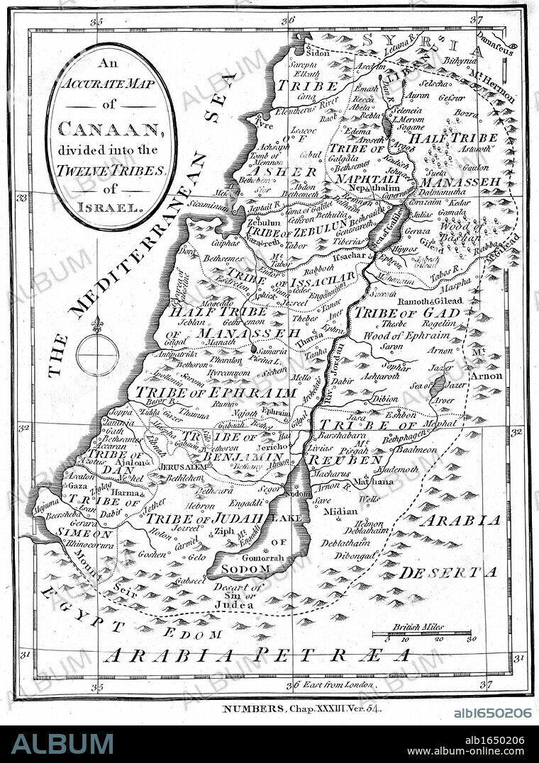 Map of Canaan divided into the territories of the Twelve Tribes of Israel as described in the "Bible", Numbers 23:54. Engraving c1830.