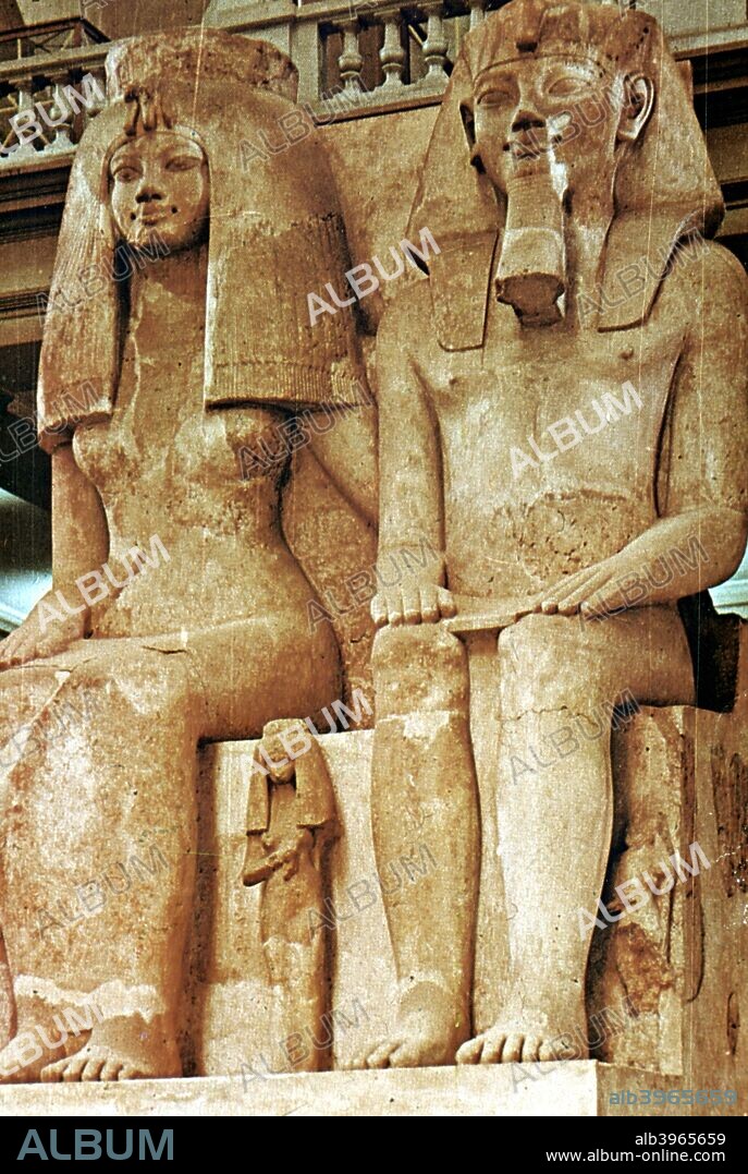 Statue, Amenophis III, Egypt,18th Dynasty. Amenophis III and female figure, Egyptian Museum, Cairo.