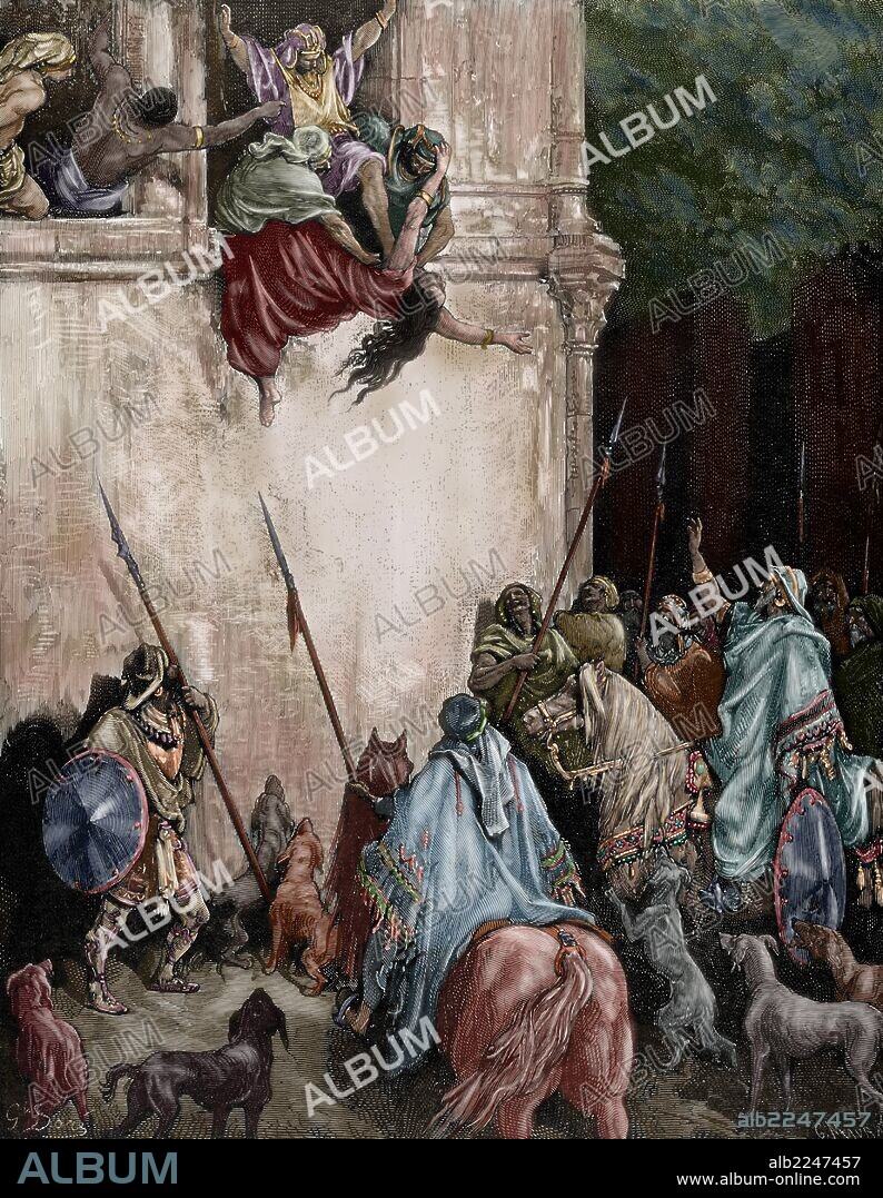 Jehu. King of Israel. Assassination of Jezebel commanded by Jehu. Book of Kings, IV. Chapter IX. Gustave Dore drawing. Maurand engraving. Colored.