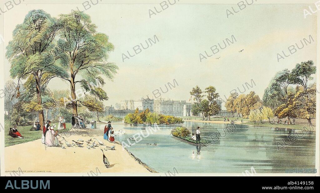 Buckingham Palace from St.James Park, plate eleven from Original Views of London as It Is. Thomas Shotter Boys (English, 1803-1874); designed by Charles Ollier (English, 1788-1859). Date: 1842. Dimensions: 245 × 445 mm. Hand-colored lithograph on paper. Origin: England.