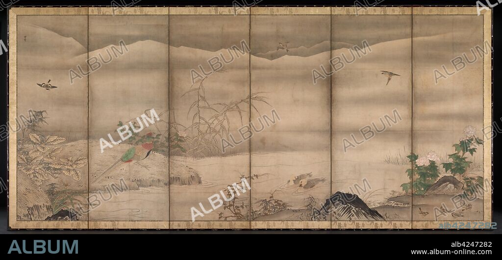 Birds and Flowers in a Landscape of the Four Seasons, second half of the 1500s. Follower of Sesshu Toyo (Japanese, 1420-1506). Six-panel folding screen, ink and color on paper; image: 158.5 x 359.4 cm (62 3/8 x 141 1/2 in.); panel: 62.8 cm (24 3/4 in.); including mounting: 174.6 x 281 cm (68 3/4 x 110 5/8 in.).