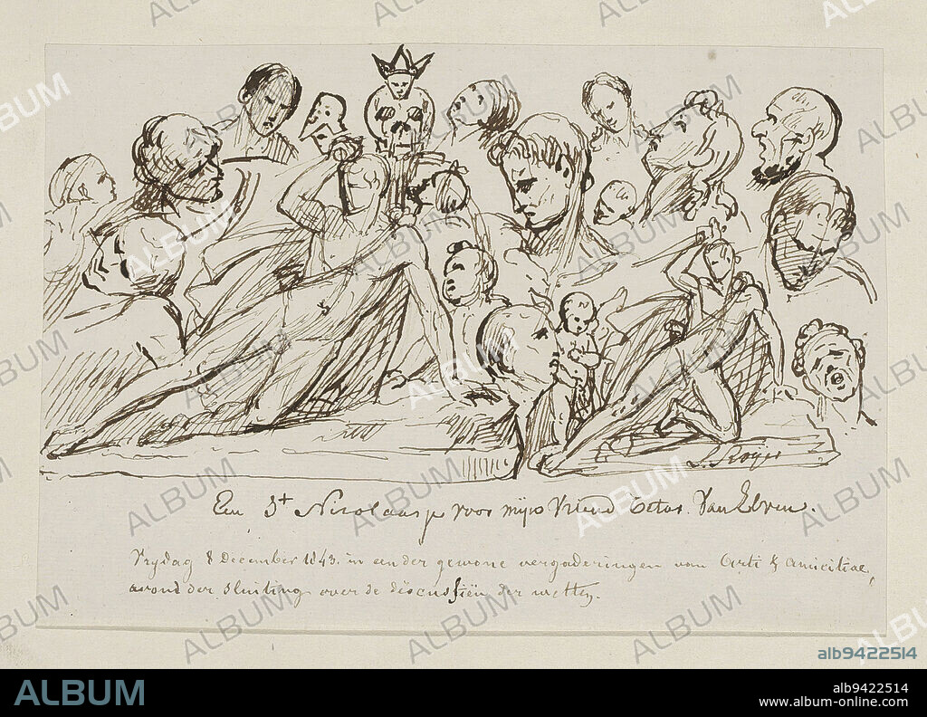 Sculpture group, Louis Royer, 1843, Collection of heads, putti and naked men.  Possibly designs for sculptures or drawn after sculptures. Sheet 21 recto  from a 32-sheet col - Album alb9422514