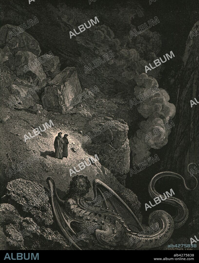 PAUL GUSTAVE DORÉ. 'Forthwith that image vile of fraud appear'd'', c1890. Dante and the Roman poet Virgil encounter 'the fell monster with the deadly sting'. Illustration from "The Vision of Hell" (Inferno), the first part of "The Divine Comedy" (La divina commedia) by Dante Alighieri. This long, narrative poem, written in Italian c1308-1321, tracing Dante's imaginary journey from Hell, through Purgatory and finally to Heaven and a beatific vision of God, has been published numerous times. This edition, published late 19th century, is illustrated by Gustave Dore. [Cassell Petter & Galpin, c1890].