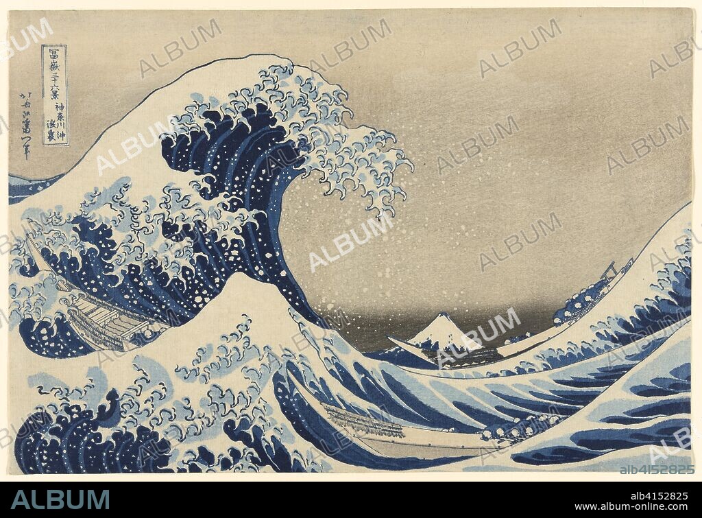 Under the Wave off Kanagawa (Kanagawa oki nami ura), also known as the Great Wave, from the series "Thirty-six Views of Mount Fuji (Fugaku sanjurokkei)". Katsushika Hokusai ?? ??; Japanese, 1760-1849. Date: 1826-1836. Dimensions: 25.4 × 37.6 cm (10 × 14 3/4 in.). Color woodblock print; oban. Origin: Japan.