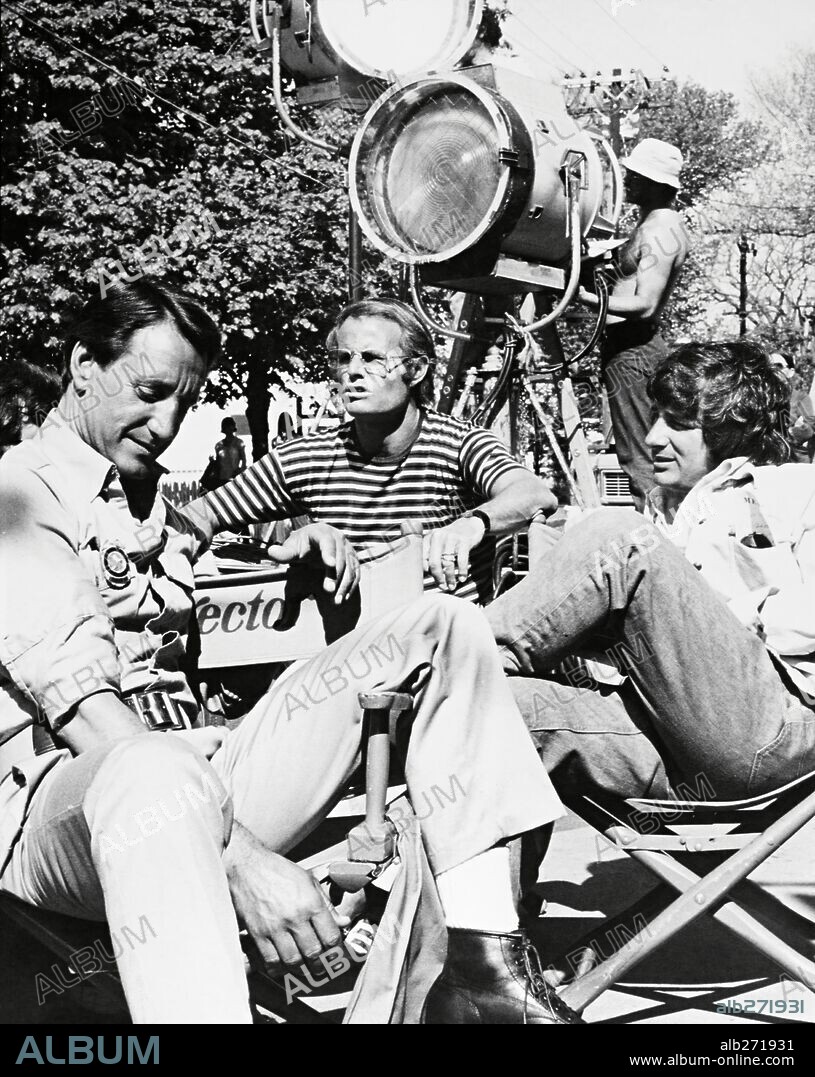 RICHARD D. ZANUCK, ROY SCHEIDER und STEVEN SPIELBERG in JAWS, 1975, unter der Regie von STEVEN SPIELBERG. Copyright Zanuck/Brown Productions/Universal Pictures.