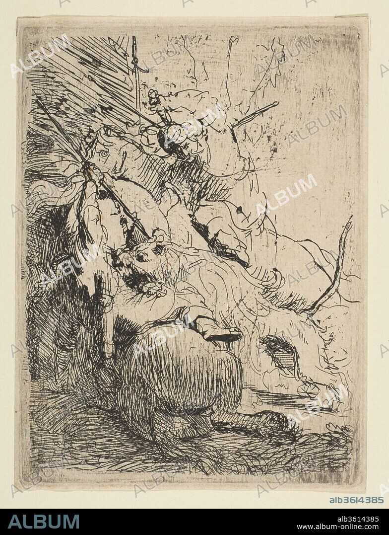 The Small Lion Hunt (with One Lion). Artist: Rembrandt (Rembrandt van Rijn) (Dutch, Leiden 1606-1669 Amsterdam). Dimensions: Sheet: 6 7/16 × 4 13/16 in. (16.3 × 12.2 cm)
Plate: 6 3/16 × 4 5/8 in. (15.7 × 11.8 cm). Date: ca. 1629.