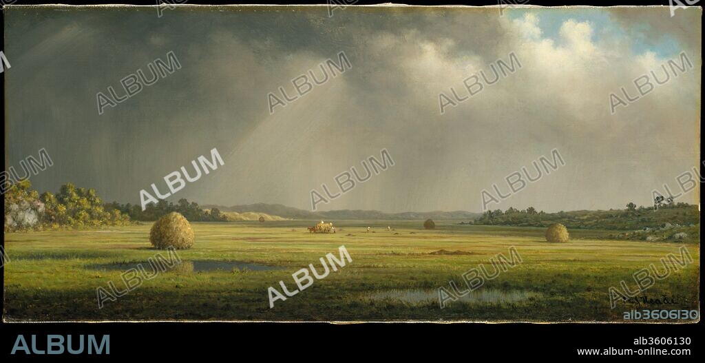 Newburyport Meadows. Artist: Martin Johnson Heade (1819-1904). Dimensions: 10 1/2 x 22 in. (26.7 x 55.9 cm). Date: ca. 1876-81.
Although he kept a studio in the same building on Tenth Street in New York City as several members of the Hudson River School, Heade remained on the fringes of the movement, and that marginal position is reflected in the unusual subjects he preferred: not mountains, forests, and lakes but tidal marshes, from Massachusetts to New Jersey. They became an ideal stage, as here, for the transient weather effects that had originated in his earlier coastal storm paintings. He painted these wetlands for forty-five years, focusing on haystacks, water, and sky, without extraneous details. His minutely scaled renderings of nature's climatic cycles may be understood as intimations of his own moods.