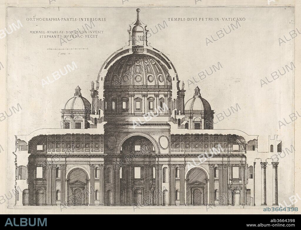 Speculum Romanae Magnificentiae: Longitudinal Section Showing the Interior of Saint Peter's Basilica as Conceived by Michelangelo (Published in 1569). Artist: Etienne DuPérac (French, ca. 1535-1604). Dimensions: sheet: 13 1/4 x 18 3/4 in. (33.7 x 47.6 cm). Date: 1551, 1558-61.
This print comes from the museum's copy of the Speculum Romanae Magnificentiae (The Mirror of Roman Magnificence) The Speculum found its origin in the publishing endeavors of Antonio Salamanca and Antonio Lafreri. During their Roman publishing careers, the two foreign publishers - who worked together between 1553 and 1563 - initiated the production of prints recording art works, architecture and city views related to Antique and Modern Rome. The prints could be bought individually by tourists and collectors, but were also purchased in larger groups which were often bound together in an album. In 1573, Lafreri commissioned a title page for this purpose, which is where the title 'Speculum Romanae Magnificentiae' first appears. Lafreri envisioned an ideal arrangement of the prints in 7 different categories, but during his lifetime, never appears to have offered one standard, bound set of prints. Instead, clients composed their own selection from the corpus to be bound, or collected a group of prints over time. When Lafreri died, two-third of the existing copper plates went to the Duchetti family (Claudio and Stefano), while another third was distributed among several publishers. The Duchetti appear to have standardized production, offering a more or less uniform version of the Speculum to their clients. The popularity of the prints also inspired other publishers in Rome to make copies however, and to add new prints to the corpus. 
The museum's copy of the Speculum entered the collection as a group of 3 albums with inlaid engravings and etchings. The prints have since been removed, but the original place of each print within the album is contained in the accession number: 41.72(volume.place).